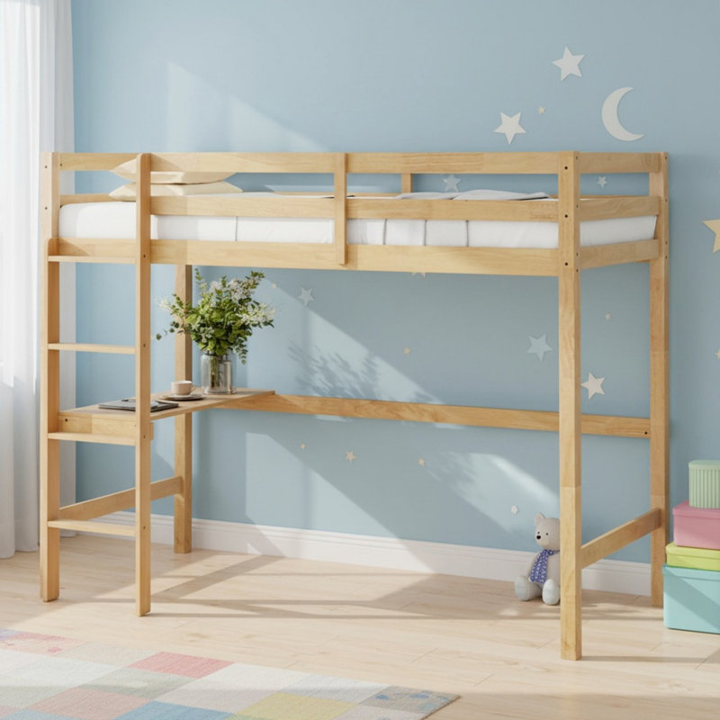 Solid Wood Loft Bed with Safety Guardrail, Built-in Desk for Boys& Girls, White Oak