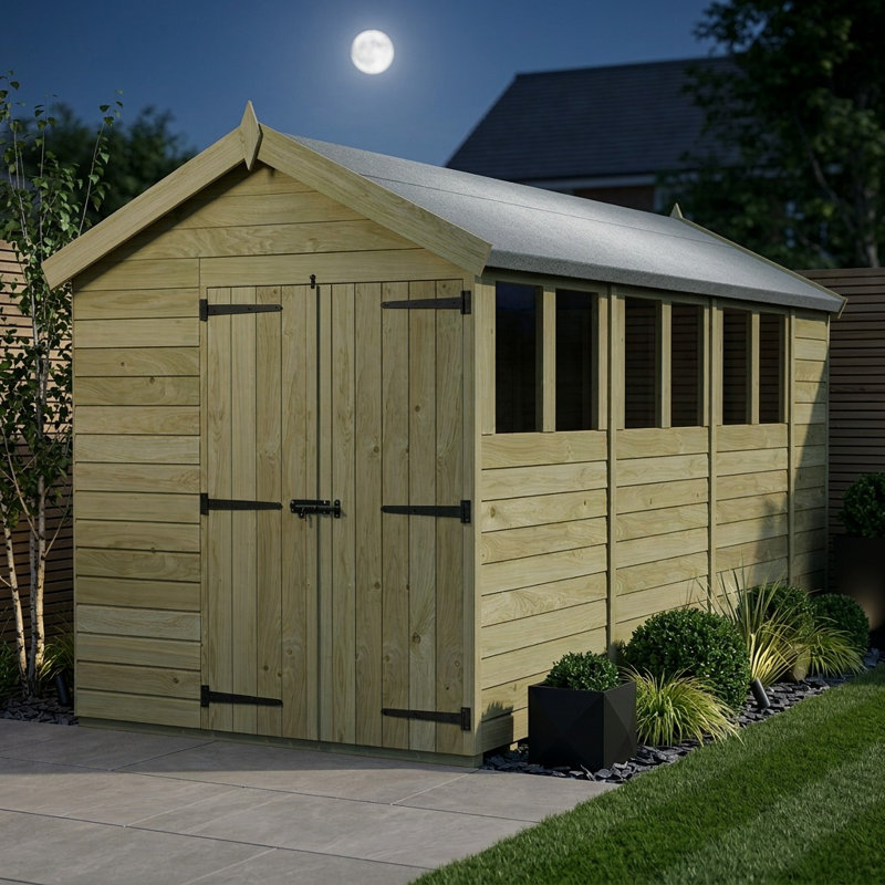 Total Sheds 6ft x 14ft Apex Garden Shed - Double Door - With Windows - Pressure Treated Timber - UK Manufactured