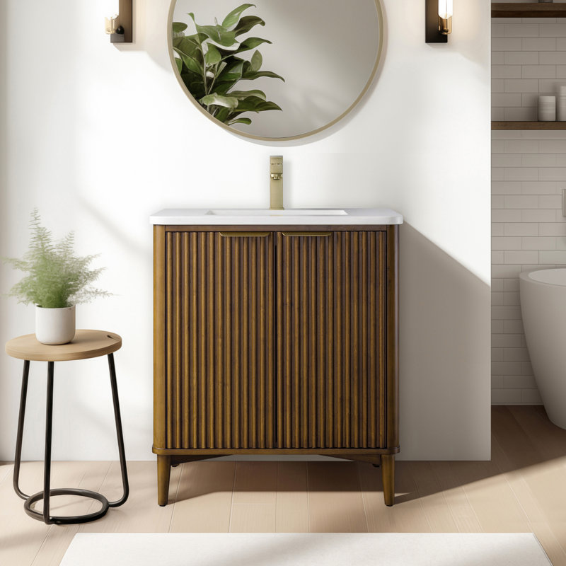 Ensemble de meuble-lavabo autoportant simple 30 po en brume de noyer avec plateau en pierre d'ingénierie Tavoleto Tavoleto