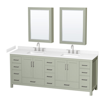 Meuble-lavabo double de 84 po Sheffield en vert clair, comptoir en marbre de culture blanc, lavabos carrés encastrés (3 trous), garniture en nickel brossé, armoires à pharmacie