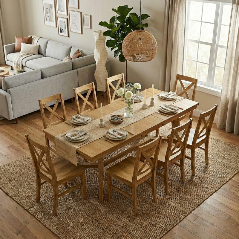 Oaklyn Modern Extendable Rectangular Dining Table Set, 9 Pieces: Table, 8 Chairs, Light Yellow Wood