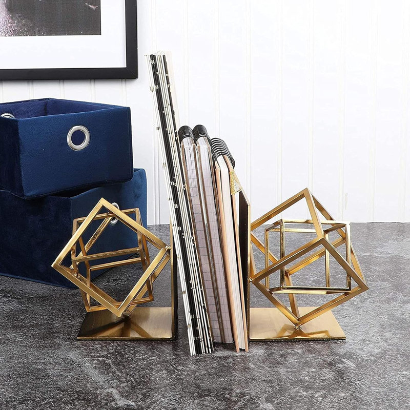 Gold Geometric Metal Bookends with Slip-Resistant Pads