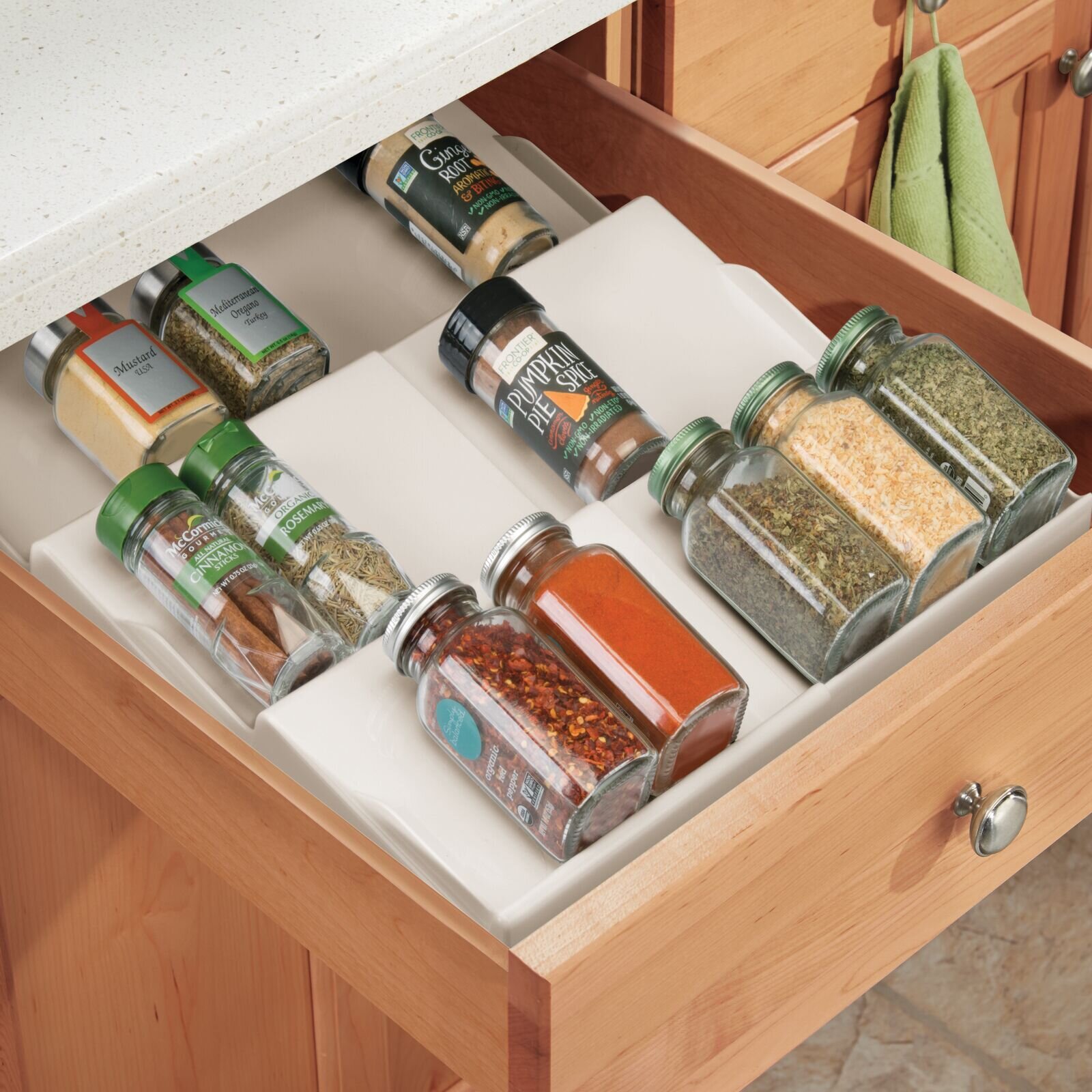 mDesign Expandable Plastic Spice Rack Kitchen Drawer Organizer - 3 Tiers - Cream
