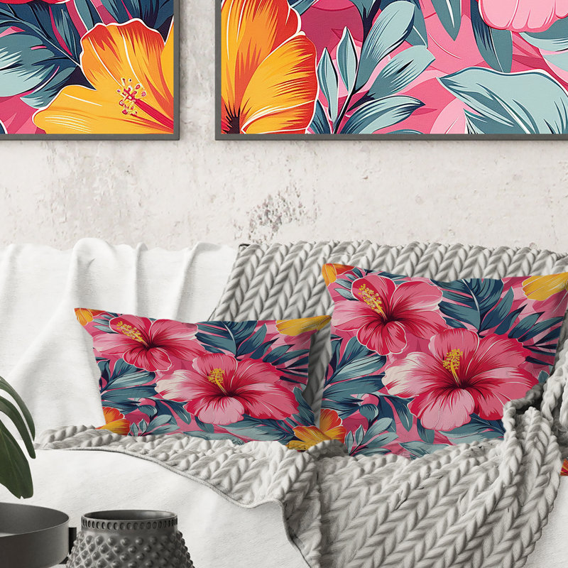Hibiscus rose, vert et vert - coussin lombaire moderne