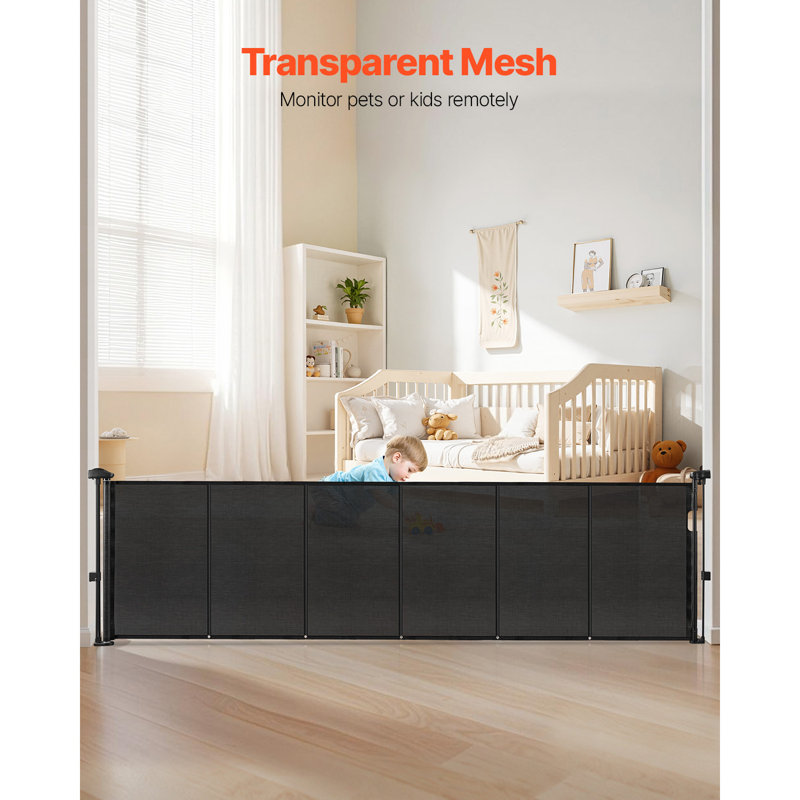 Retractable Pet Gate 119.29" L x 34.25" W x 4.72" H ABS and PC 1 Piece Baby Gate Black One-Handed Operation Anti-Crawl Bottom Strip Extends up to 110" Wide