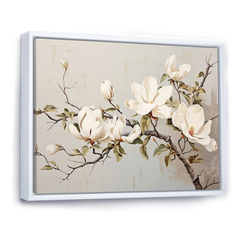 «Magnolias fleur beige II» sur toile imprimée, Cadre flottant blanc, 12" H x 20" W