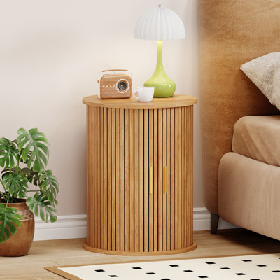 Fluted Round Side Table for Small Spaces, Mid Century Modern End Table with Sliding Tambour Door and Storage Shelf,Wood Nightstand(Natural)
