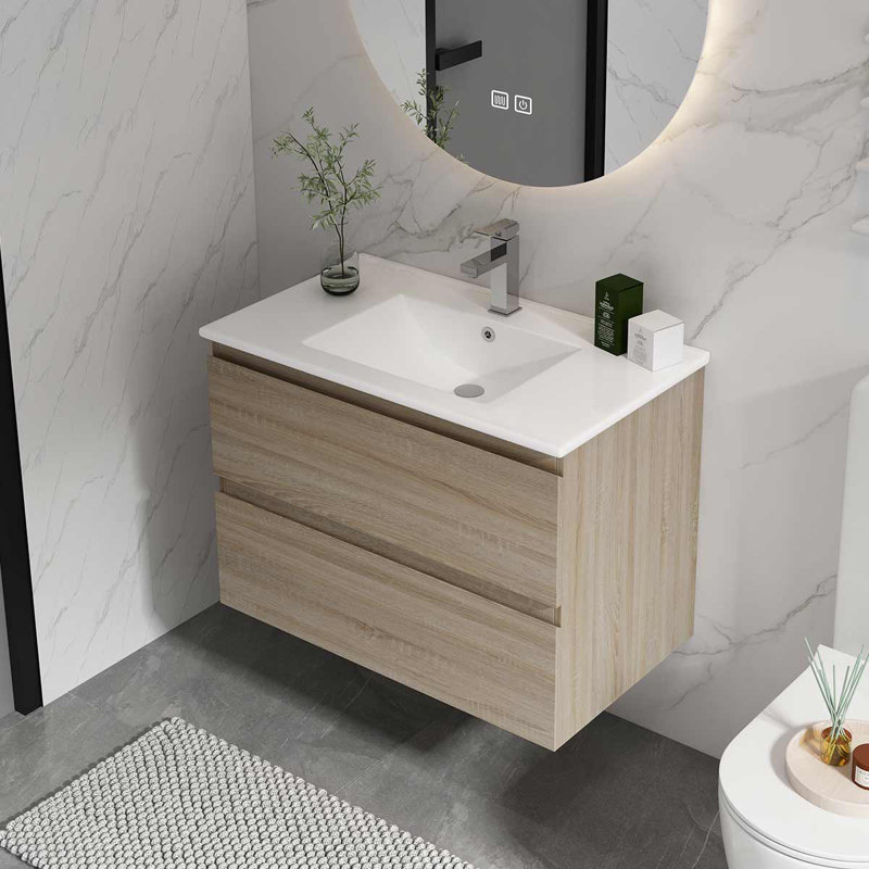 Meuble-lavabo mural avec lavabo en céramique, armoire avec 2 tiroirs à fermeture en douceur, Brun clair