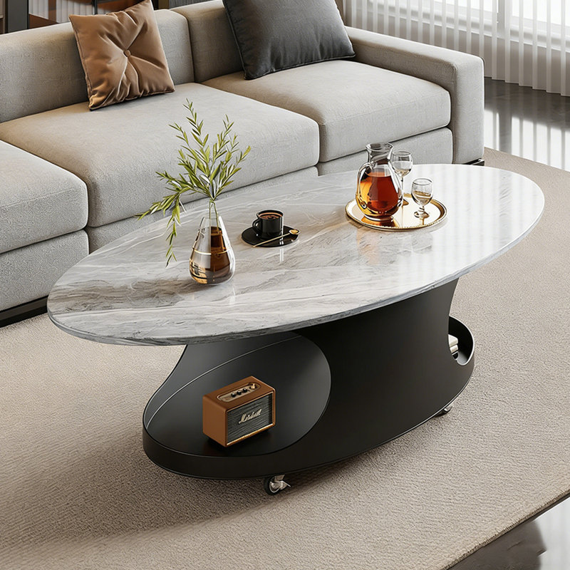 Table basse ovale simple avec poulie, Plateau gris/ base noire, 17.71" H  x 21.65" D x 39.37" W
