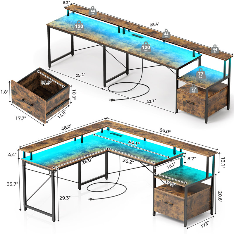 Kurtiss 68" L Shaped Computer Desk with File Drawer with Power Outlet & LED Strip, Rustic Brown