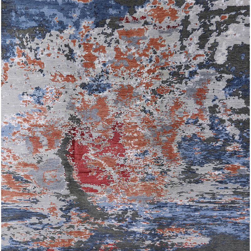 Tapis orange / bleu / gris, Carré 8 pi
