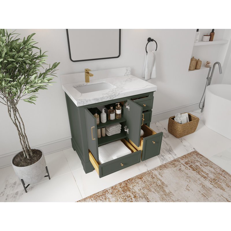 Meuble-lavabo simple 36 po avec plateau en quartz Alys, Blanc