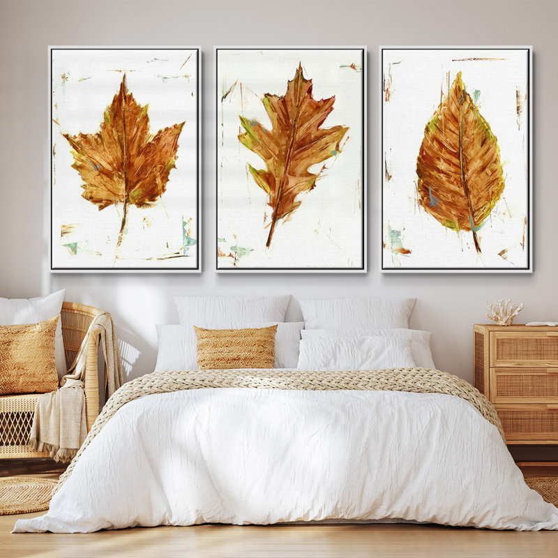 Autumn Leaf Study I - Ensemble de 3 cadres photo simples sur toile, H 27 po x l 54 po, Blanc