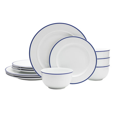 Fitz and Floyd Everyday White Bistro Blue Band 12-Pc Dinnerware Set, Service For 4