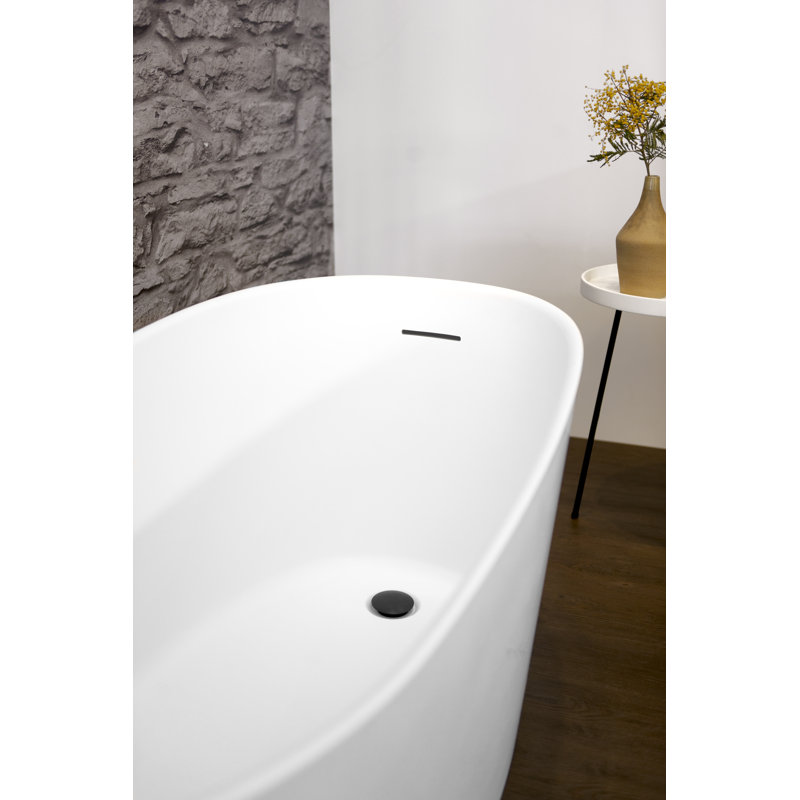 Wave 57.63" x 26.25" x 24.81" Freestanding Solid Surface Soaker Tub, White Matte, Brushed Nickel