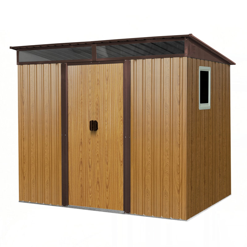 Outdoor Metal Storage Shed with Window and Transparent plate, Coffee, 71" H x 77" W x 59.50" D