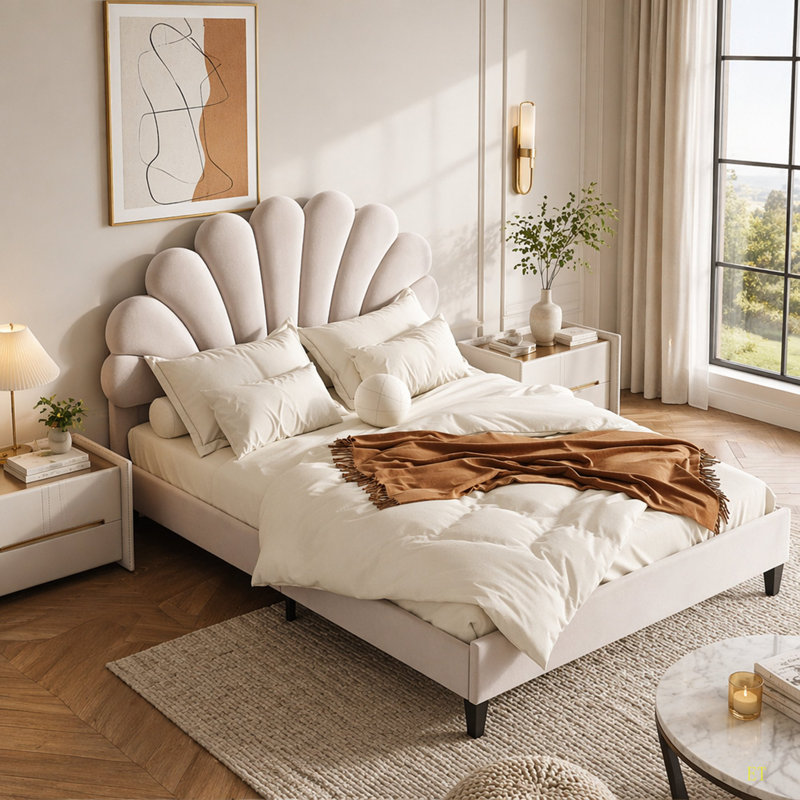 Lit plateforme tapissier avec tête de lit en velours à motif floral, Double