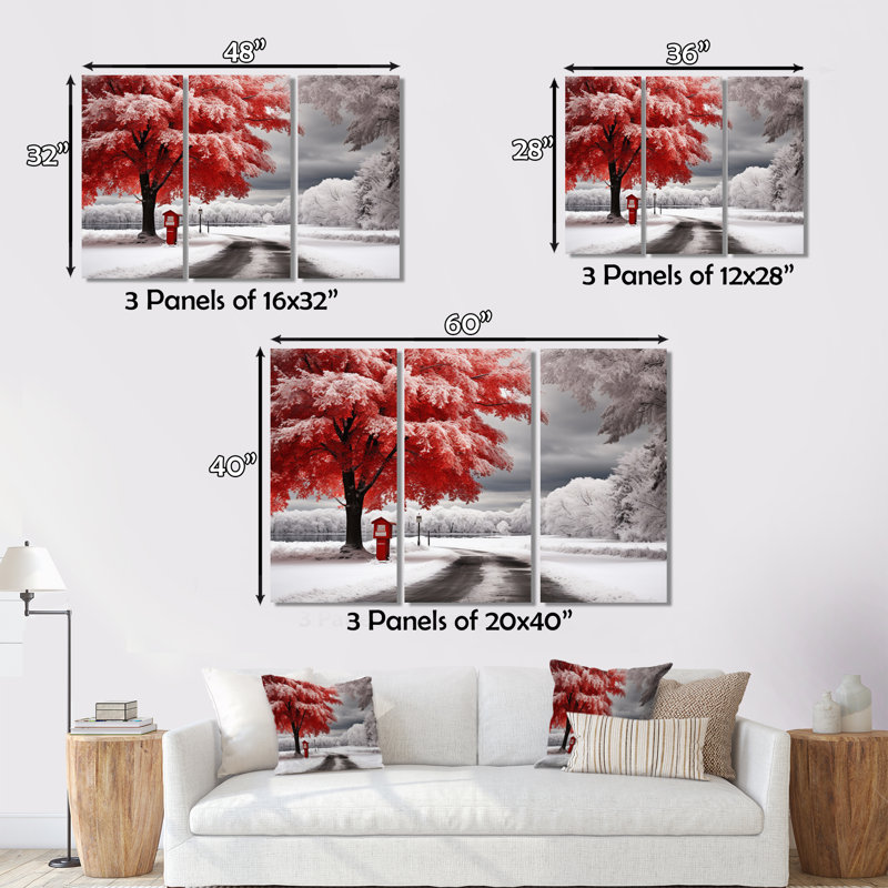 «Red and White Winter Silent Symphony I» sur toile, reproduction de 3 pièces, H 32 po x l 48 po x P 1 po