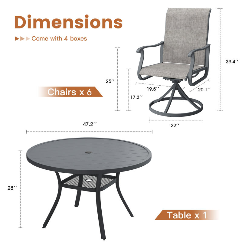 Nectaria Round 6 - Person Outdoor Patio Dining Set with 6 Swivel PVC-coated polyester Chairs, Gray/Gray