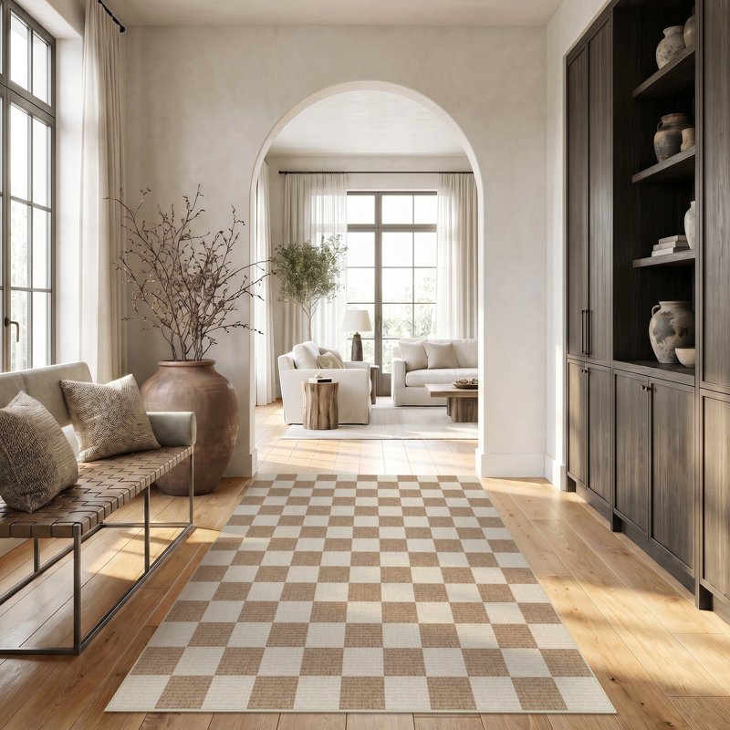 Tapis modernes lavables à carreaux modernes pour le salon, le lit et la salle à manger, Brun / Beige, Rectangle 5 pi x 7 pi