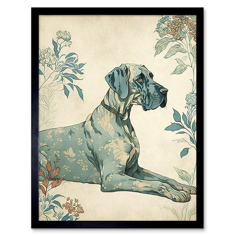 Blue Great Dane Dog With Flower Pattern Fur Coat Modern - Single Picture Frame Print