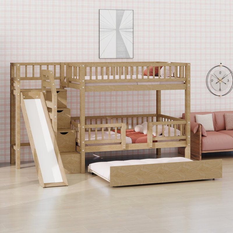 Lit superposé peu encombrant, glissière de jeu pratique avec escalier et lit gigogne, Walnut