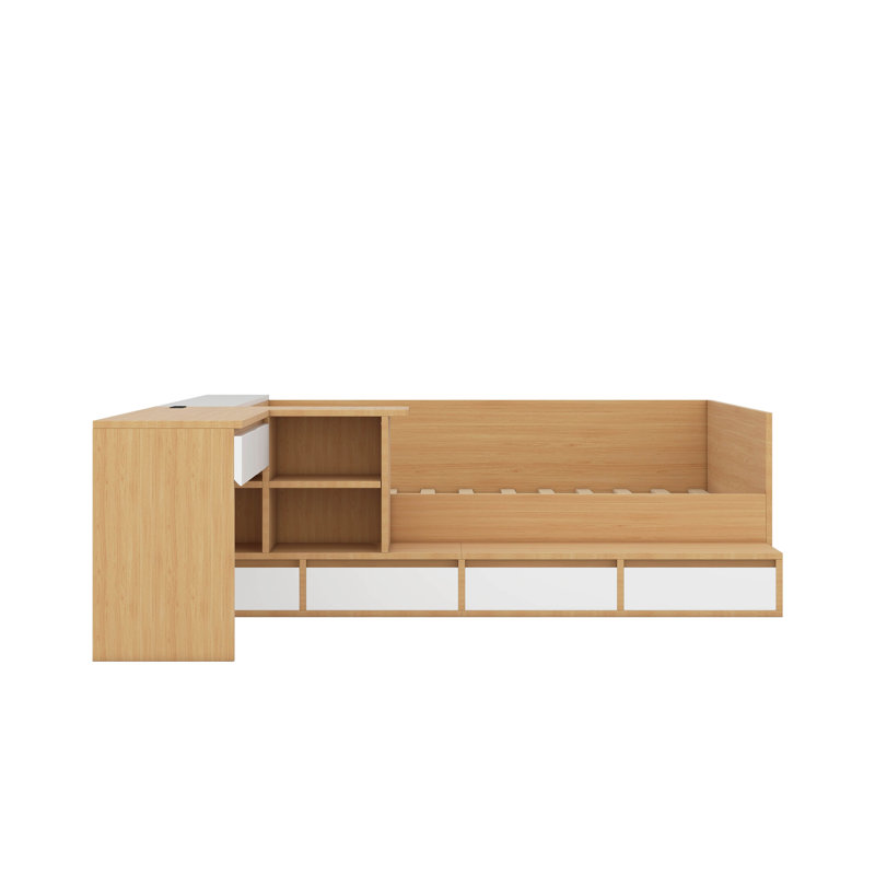 Lit plateforme double en bois avec tiroirs, tablettes et coiffeuse, Naturel