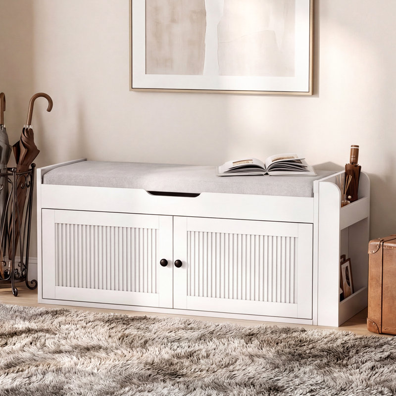 Banc de rangement pour chaussures 39,4 po, banc de rangement avec support latéral, banc de rangement pour chaussures avec coussin supérieur pour chambre à coucher, salon et entrée, blanc