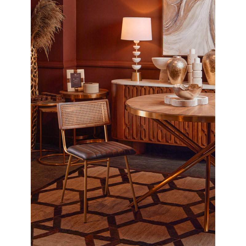 48cm H Tufted Leather Upholstered Side Chair in Black, Gold