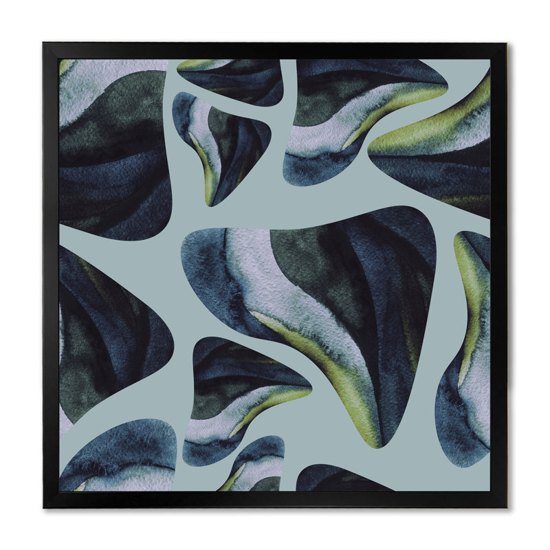 Éléments décoratifs organiques sur fond bleu - reproduction d'art moderne sur toile, Cadre noir, H 30 po x l 30 po x P 1 po
