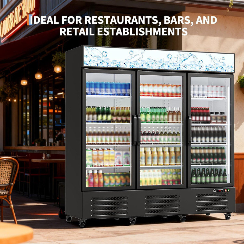 54.3 Cu.Ft. 3 Door Commercial Beverage Cooler, Frost-Free Display Refrigerator with 360° Cooling & Soft LED Light, Black