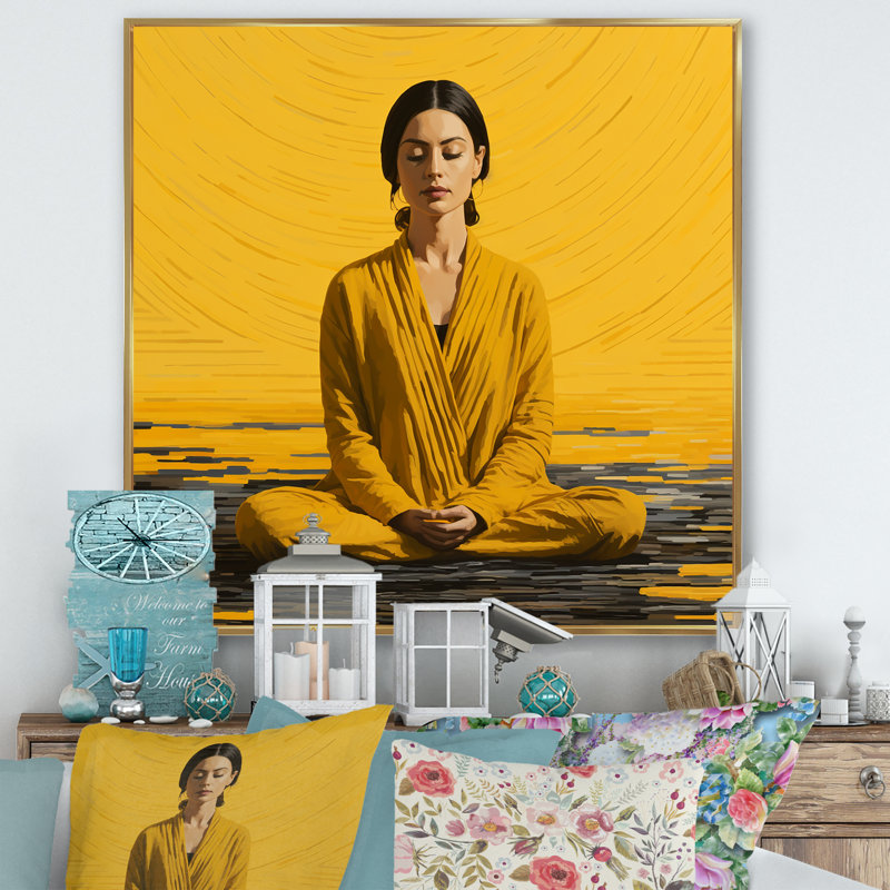 Art méditation jaune et gris - méditation, H 30 po x l 30 po x P 1,5 po, Cadre flottant doré