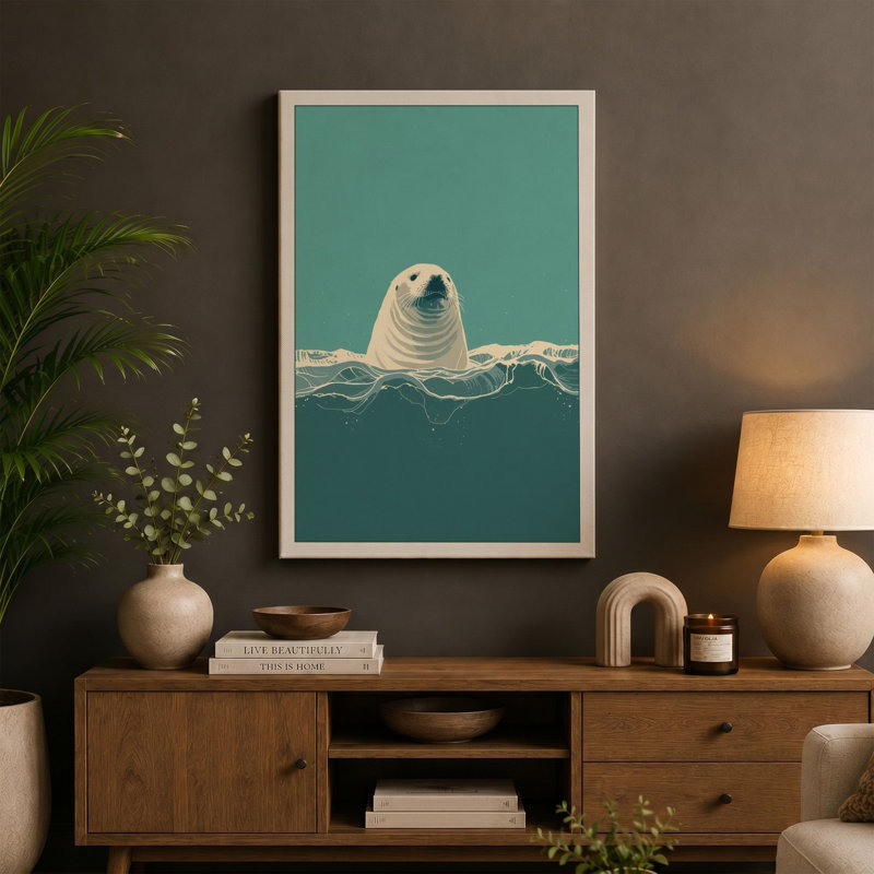 Seal in Waves Coastal - Wrapped Canvas, 30x20 - 76.2 x 50.8 cm, Cream Border