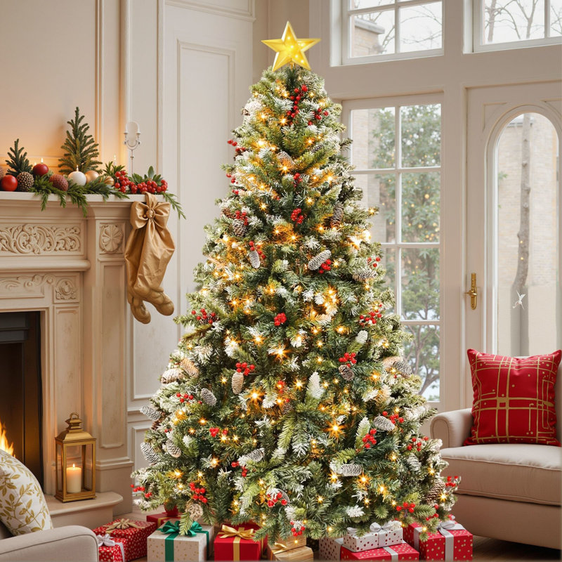 7.5FT Pre-lit Frosted Artificial Pine Christmas Tree with Pinecones and Berries, 7.5' H