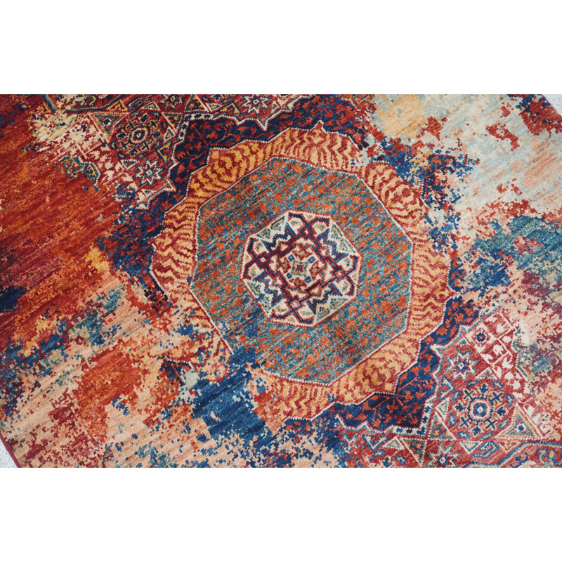 Hand Knotted Wool Area Rug in Red/Blue/Beige/Gray