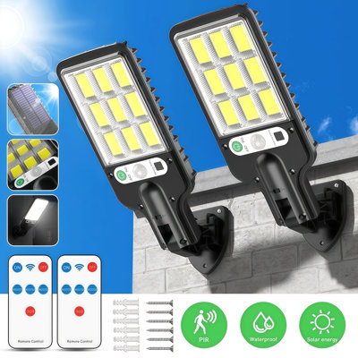 Solar Outdoor Street Lights 2 Pack, 108 LED Motion Sensor Solar Security Light with Remote Control, 260LM 3 Lighting Modes Waterproof Solar Wall Lights for Parking Lot, Yard, Garage, Patio