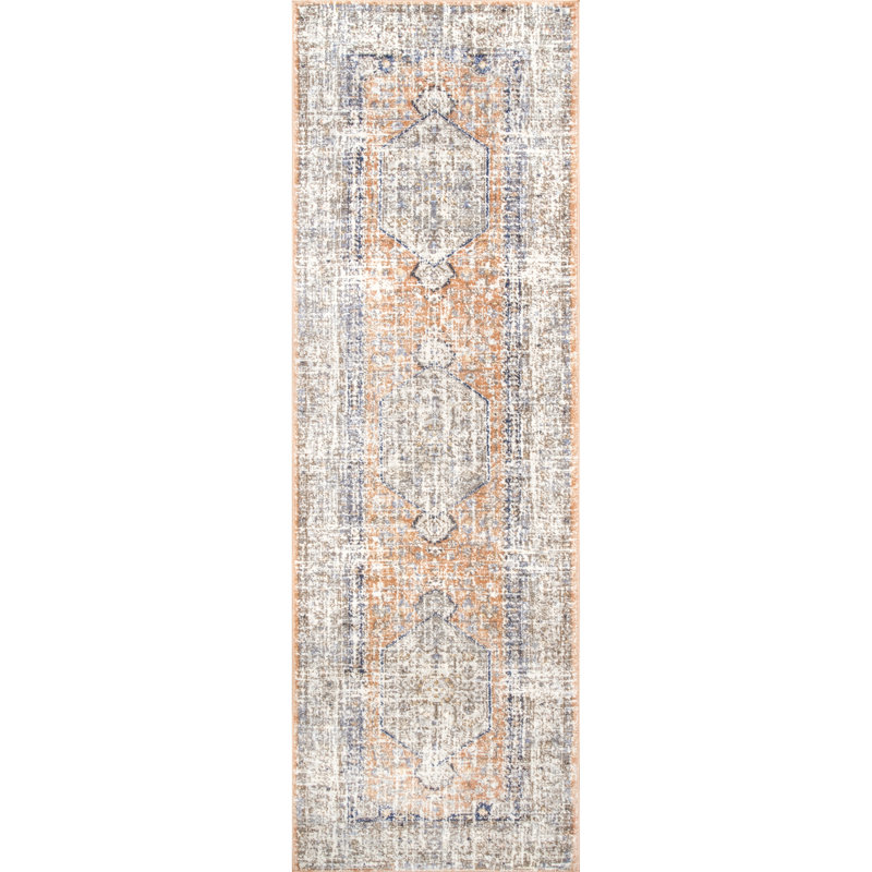 Mattawa Oriental Power Loom Performance Peach/Blue Rug, Runner 2'6" x 12'