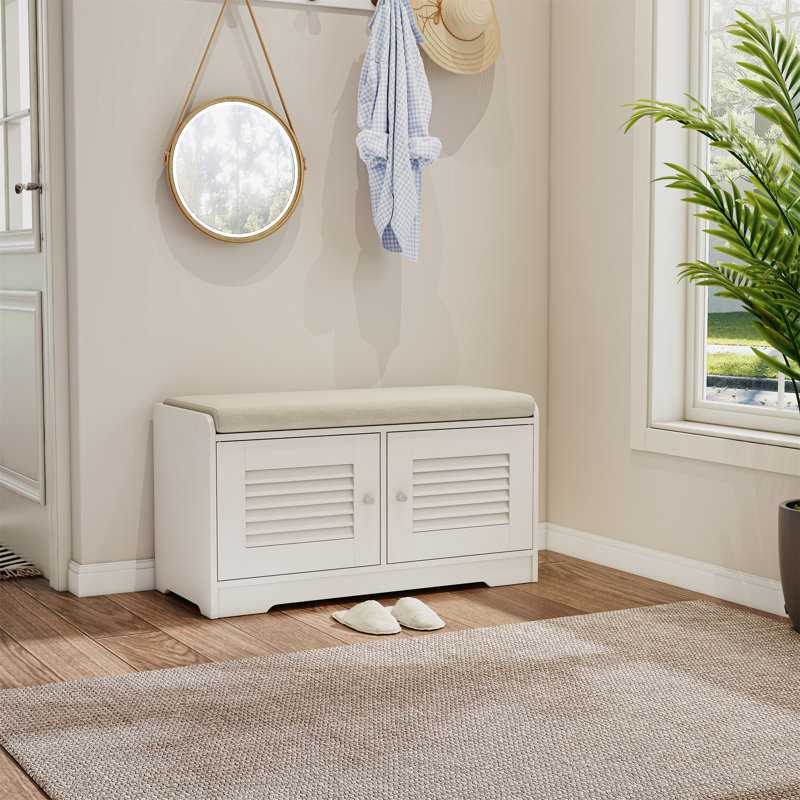 Banc de rangement à chaussures blanc 28,74 po avec coussin, armoire à 2 portes avec tablettes réglables, banc à chaussures pour couloir ou vestibule