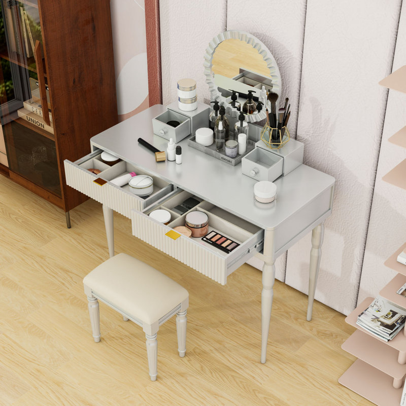 Vanity Desk with Upholstered Stool, Mirror and Storage Drawers, Silver
