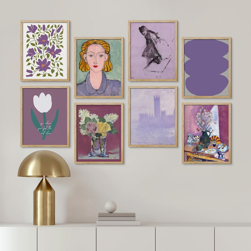 Impression de 8 pièces de fleurs de lavande mauves encadrées sur papier, H 14 po x l 11 po x P 1 po, Naturel