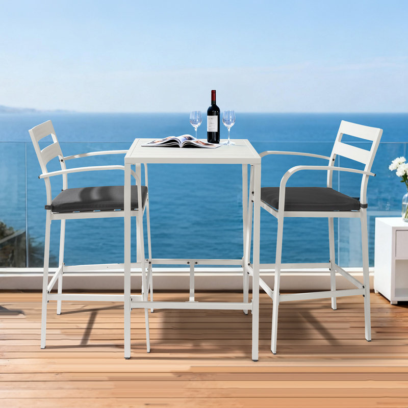 White 27-Inch Outdoor Bar Table Set With 2 Gray Cushioned Stools, White
