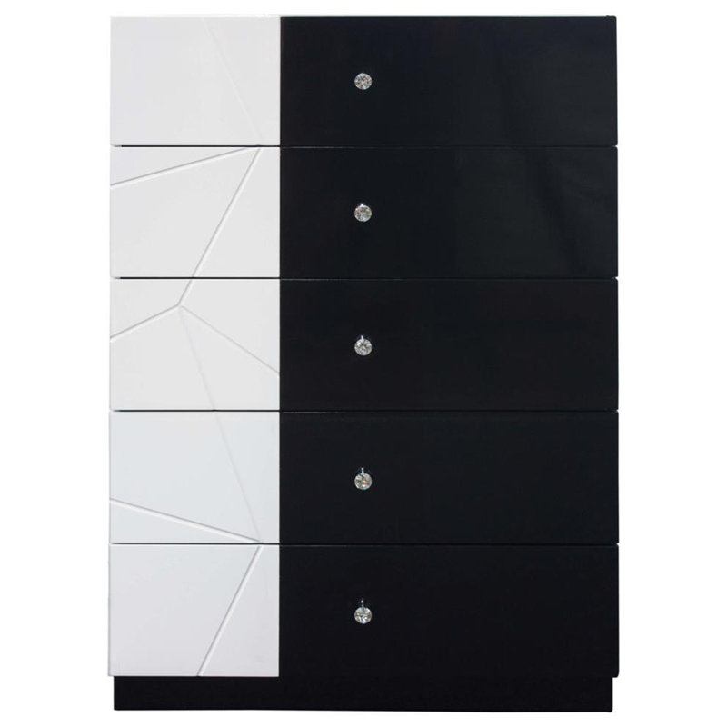 Unité de rangement moderne à 5 tiroirs avec commode en bois laqué, rangement à motif géométrique et poignée en cristal