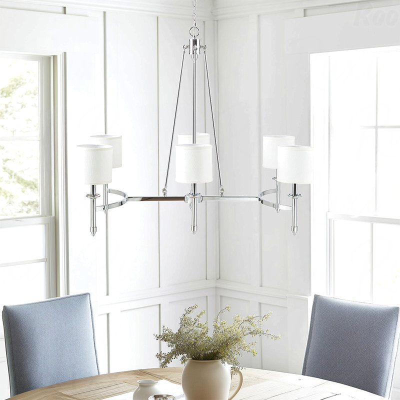 Lustre - configuration à 6 lumières, abat-jour tambour revêtu de tissu