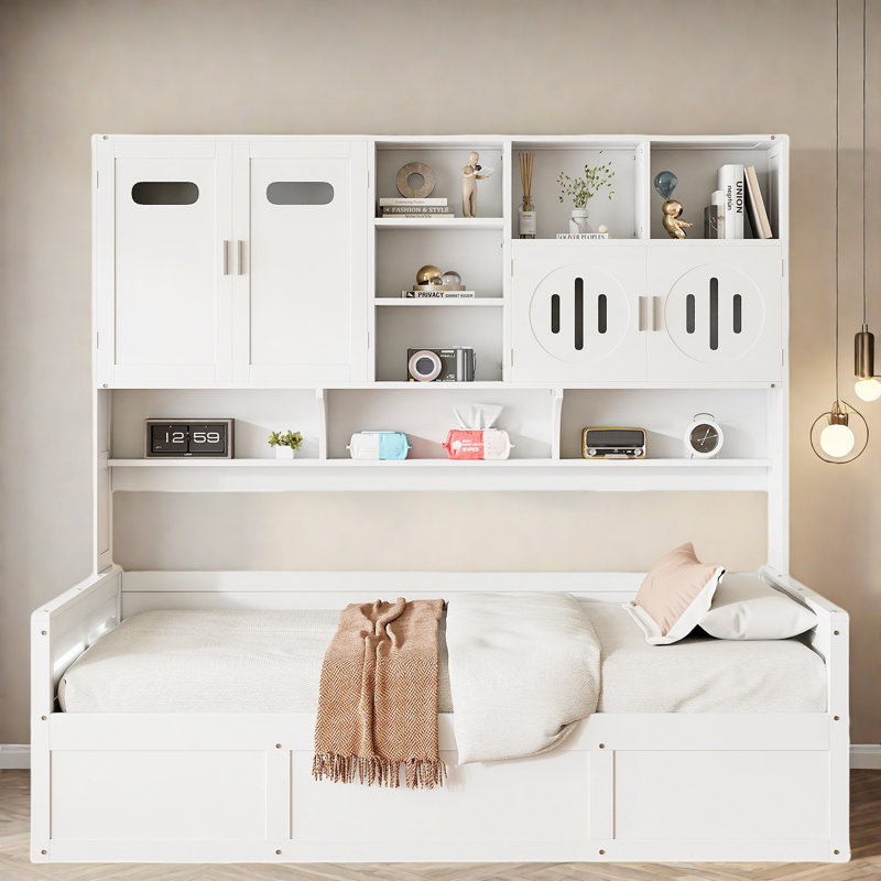 Lit de jour en bois avec lit hydraulique et armoire et tablettes tout-en-un, Lit simple, Blanc