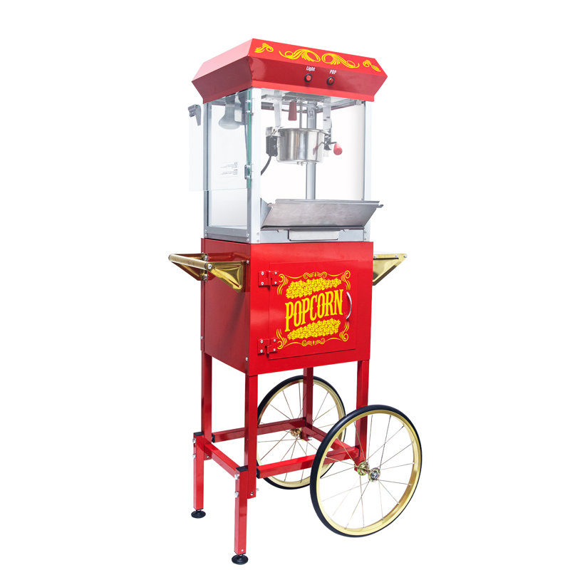 Machine à maïs soufflé de style théâtre 8 oz avec chariot - Plateau chauffant chauffant et tiroir Old Maids, Rouge