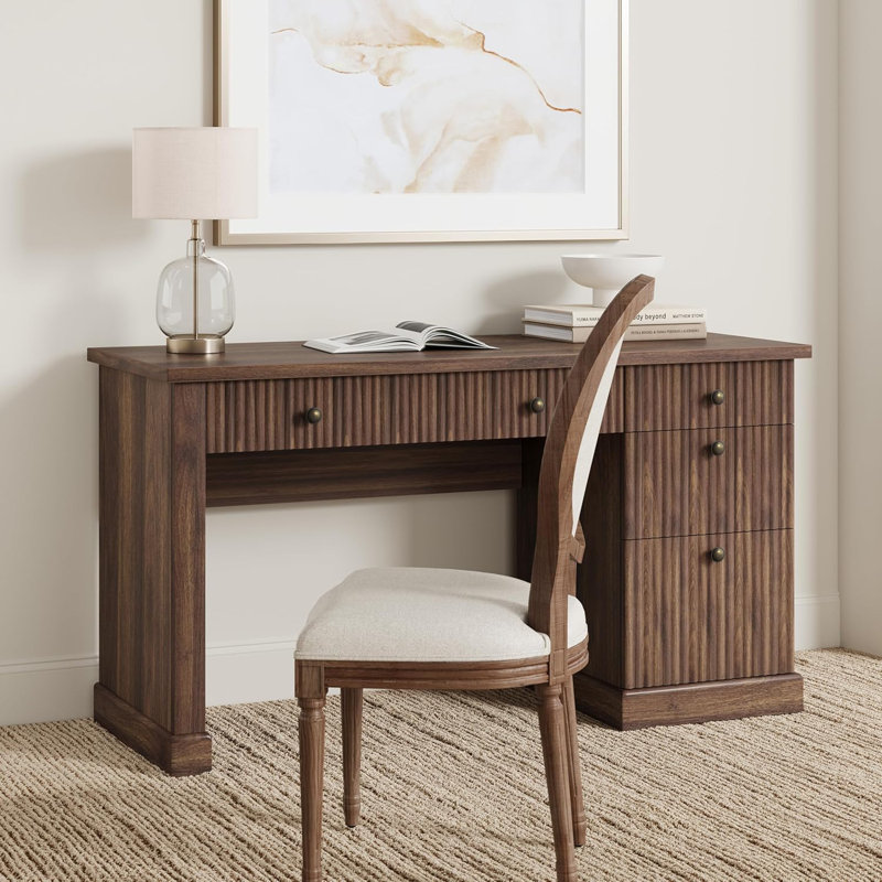 Fluted Home Office Desk Storage, 54" Modern Executive Desk with Charging Station, Wooden Computer Writing Desk with File Cabinet & Drawers for Study, Living Room