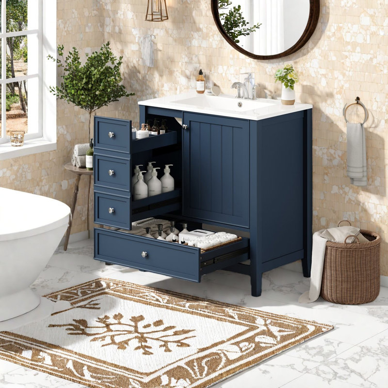 Dans un meuble-lavabo bleu (doit inclure le meuble-lavabo et le lavabo)