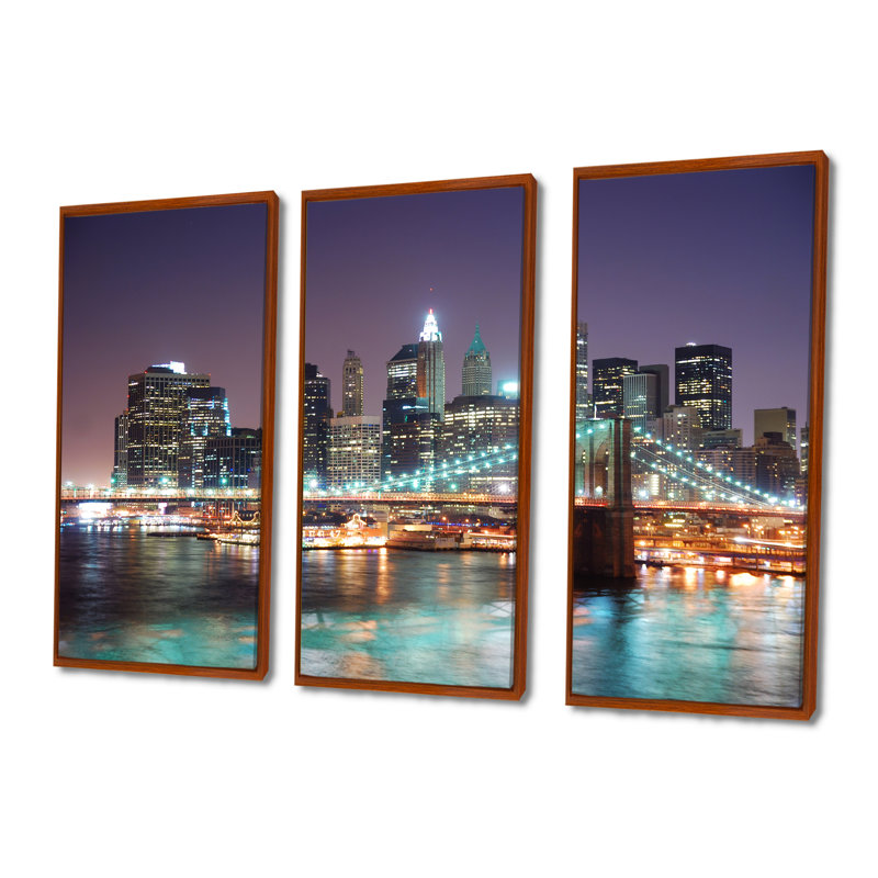 New York City Manhattan Skyscrapers - 3 pièces, cadre photo flottant sur toile, H 40 po x l 60 po, Brun