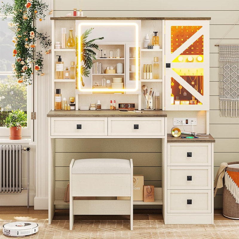 White Makeup Vanity Set with Lights and Mirror & Storage Stool Dressing Vanity Table for Bedroom, White