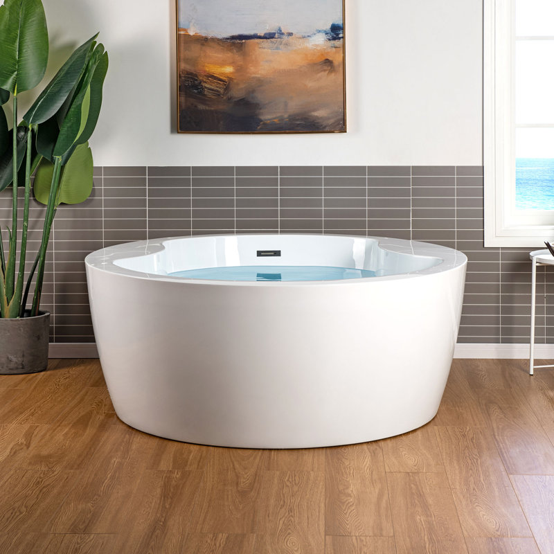 59" Freestanding Acrylic Round White Double Bathtub With Integrated Seat, Non-Slip Design, Brushed Nickel